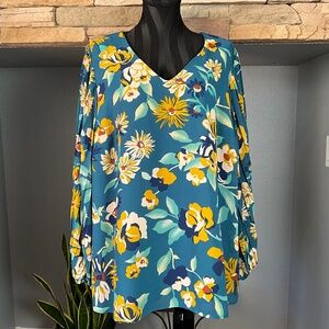 Statement Sleeves Bold Floral Top Art To Wear Belle by Kim Gravel Blue Gold 1X